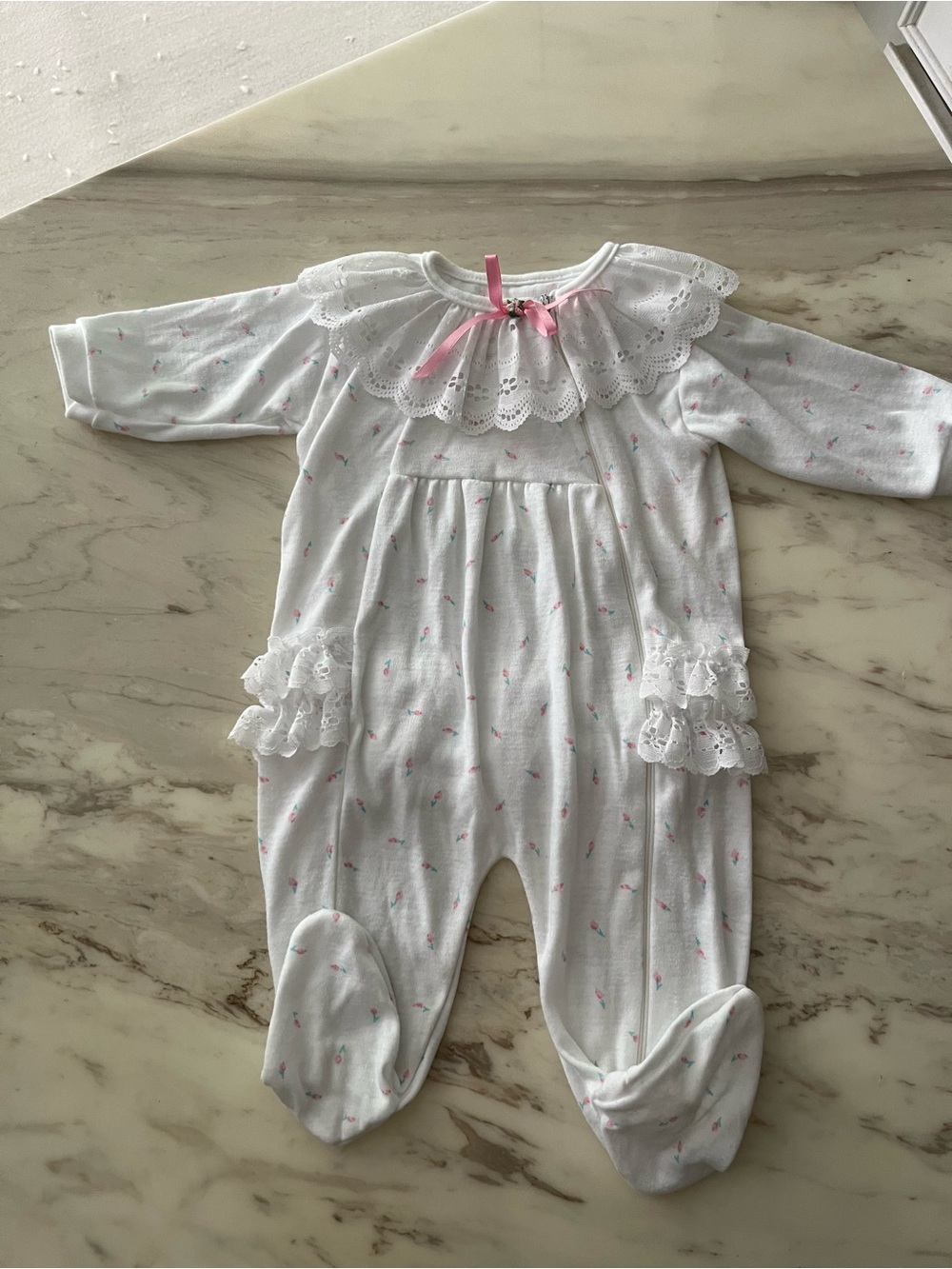 White Footed One-Piece with Pink Dot Accents and Lace Collar